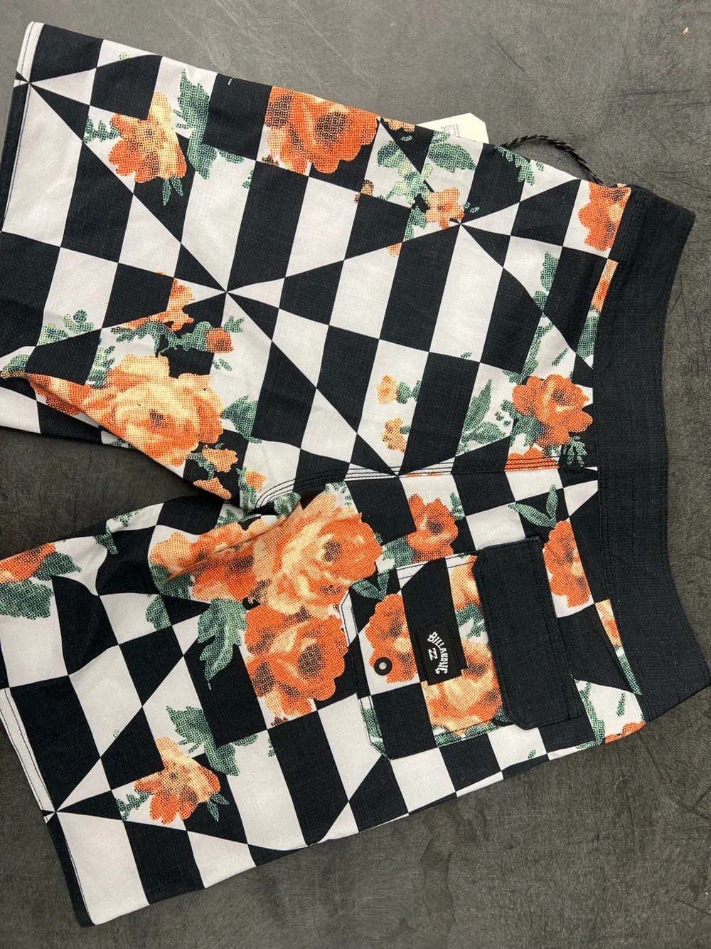 Billabong Black & White Checkerboard Floral Boardshorts - Orange Roses